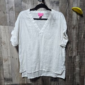 Isaac Mirzrahi New York White Linen Roll Tab Raglan Sleeve Tee